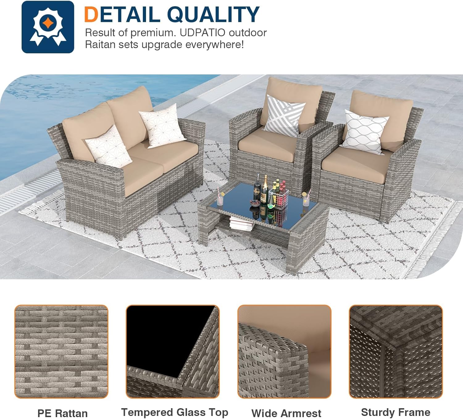 Gartenmöbel Set 4-teilig Rattan Sitz mit Kissen, Terrassenmöbel, Sitzgruppe, 2 Stühle, Sofa & Tisch, für Garten, Balkon & Terrasse, flache Rattanoptik, Beige