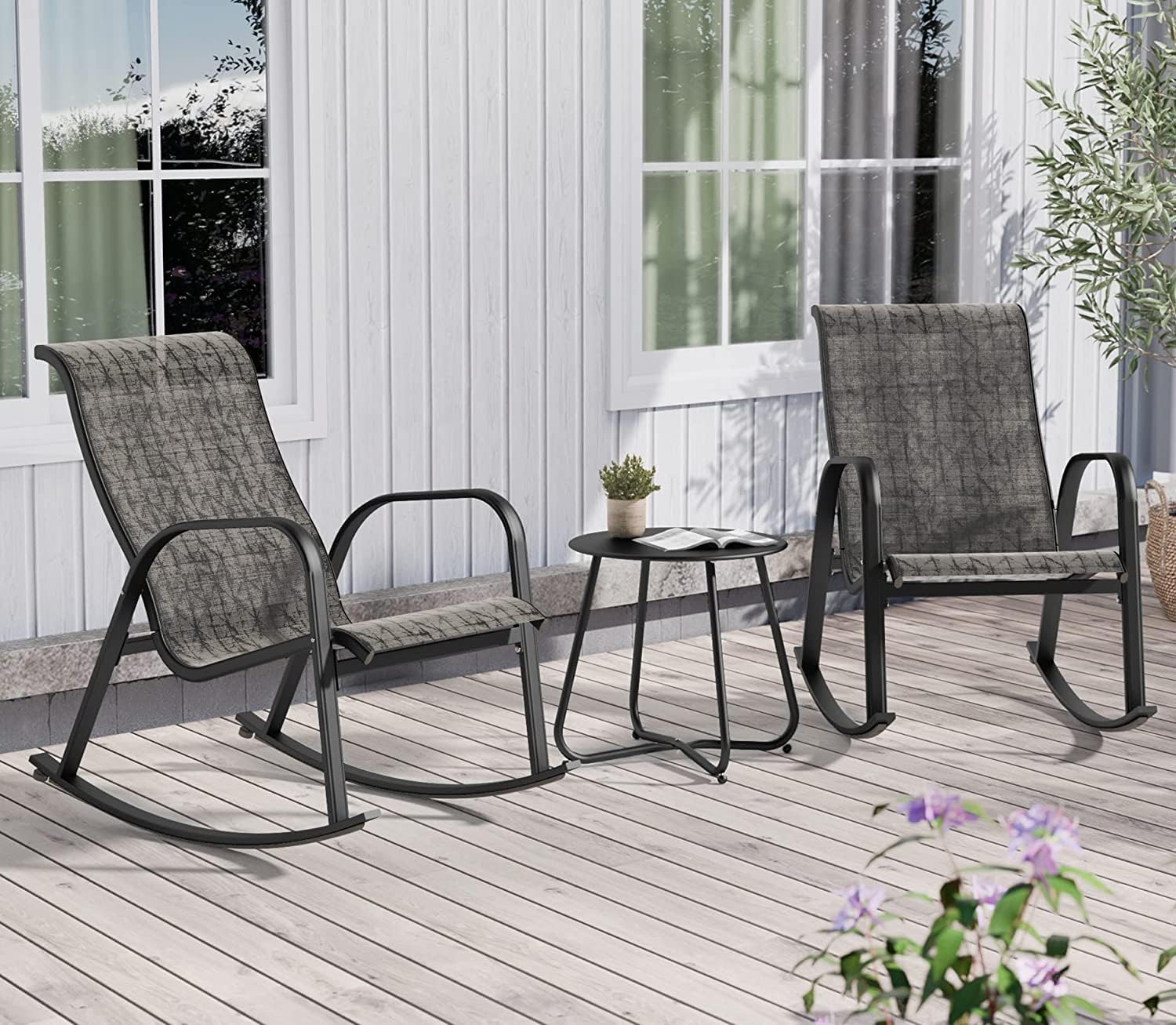 Grand patio Balkonmöbel-Set, Lounge-Set mit 2 Schaukelstühlen und 1 Beistelltisch, Mesh-Gewebe, wetterfest, Sitzgarnitur für den Garten, Patio (Schwarz & Grau kariert)