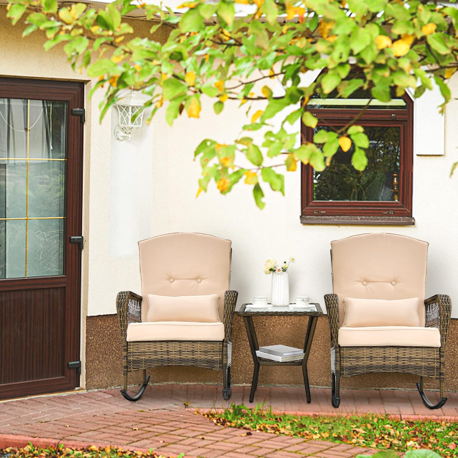 Möbel Schaukelstuhl Set 3-teilig Rattan Gartenmöbel Set 2 Schaukelstühle mit Tisch Terrassenmöbel Set Outdoor Inklusive Kissen Balkonmöbel Kleiner Balkon für 2 Personen