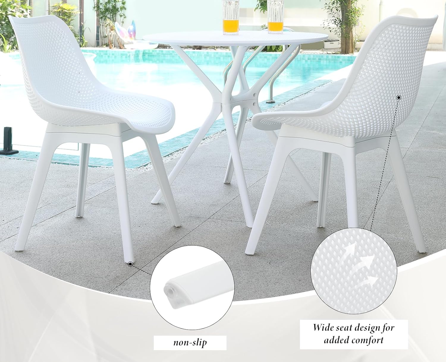 Gartenmöbel Set 2 Gartenstühle + Tisch, Outdoor Gartentisch Weiß Balkonmöbel Atmungsaktiv Leicht Tisch Kunststoff Gartenset Gartenset für Balkon Terrasse und Garten