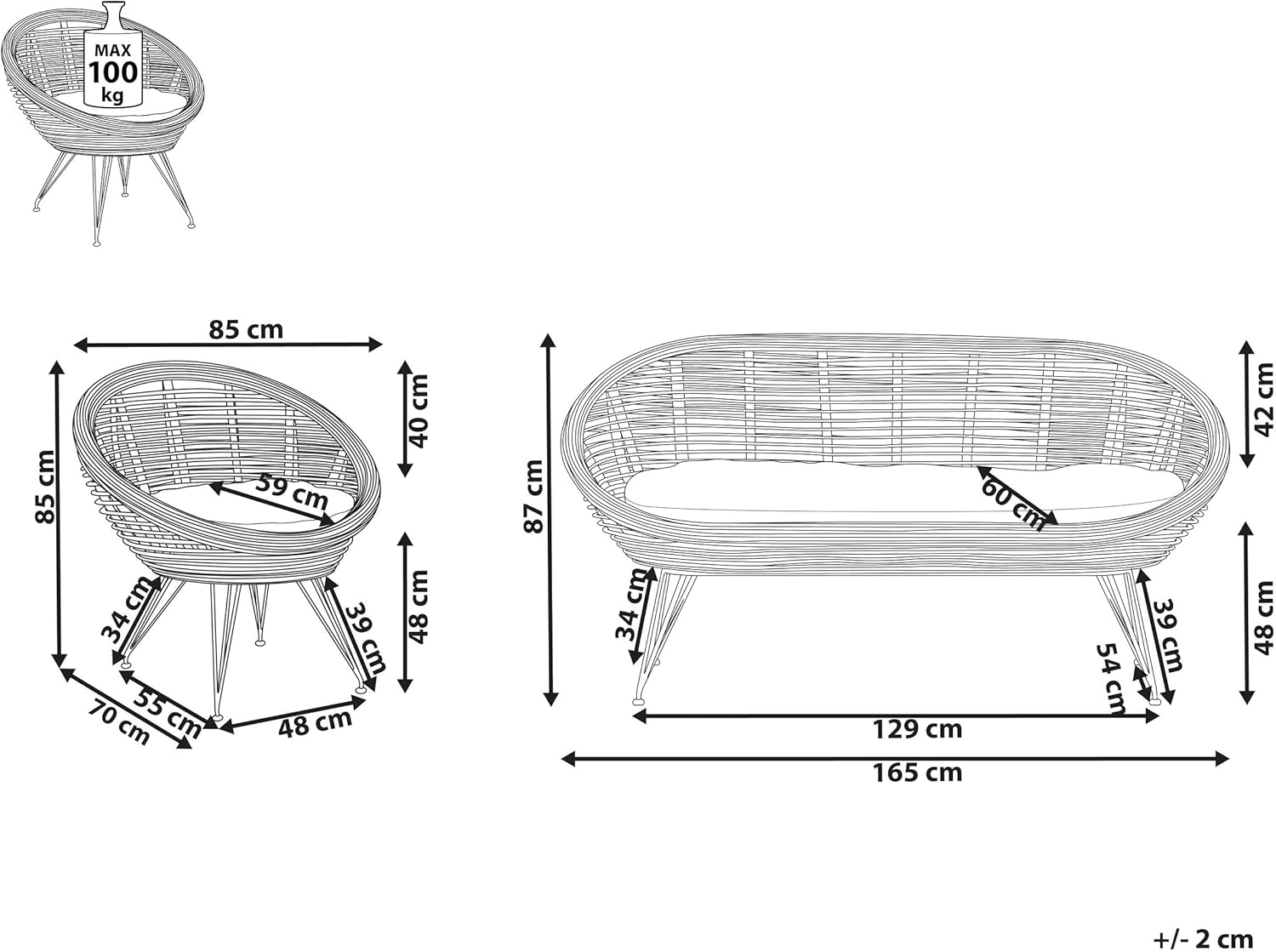Gartensofa und Sessel Rattan Natur Kissen Beige Metall Beine Schwarz