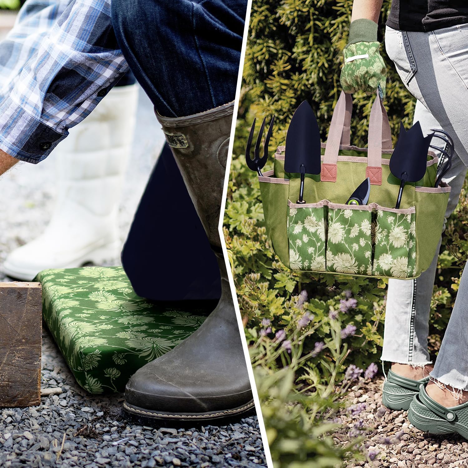 Gartengeräte-Set 8-teilig, Gartenwerkzeuge mit Holzgriff inkl. Gartentasche, Knieschützer, Handschuhe, Gartenschere, Pflanzkelle, Tulpenkelle, Grubber – Gartengeschenke für Männer und Frauen