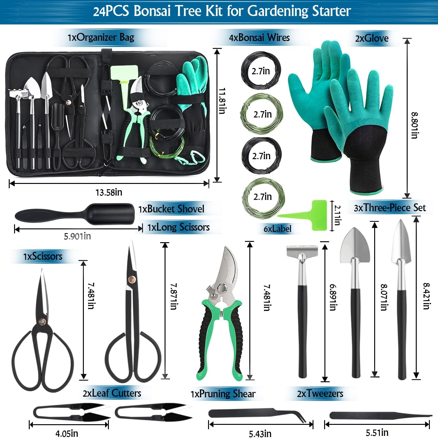 22-teiliges Gartenwerkzeug-Set, Bonsaischere, Bonsaidraht, Pinzette, Gartenhandschuhe - Bonsai-Starter-Werkzeug-Set für Bonsai-Anfänger