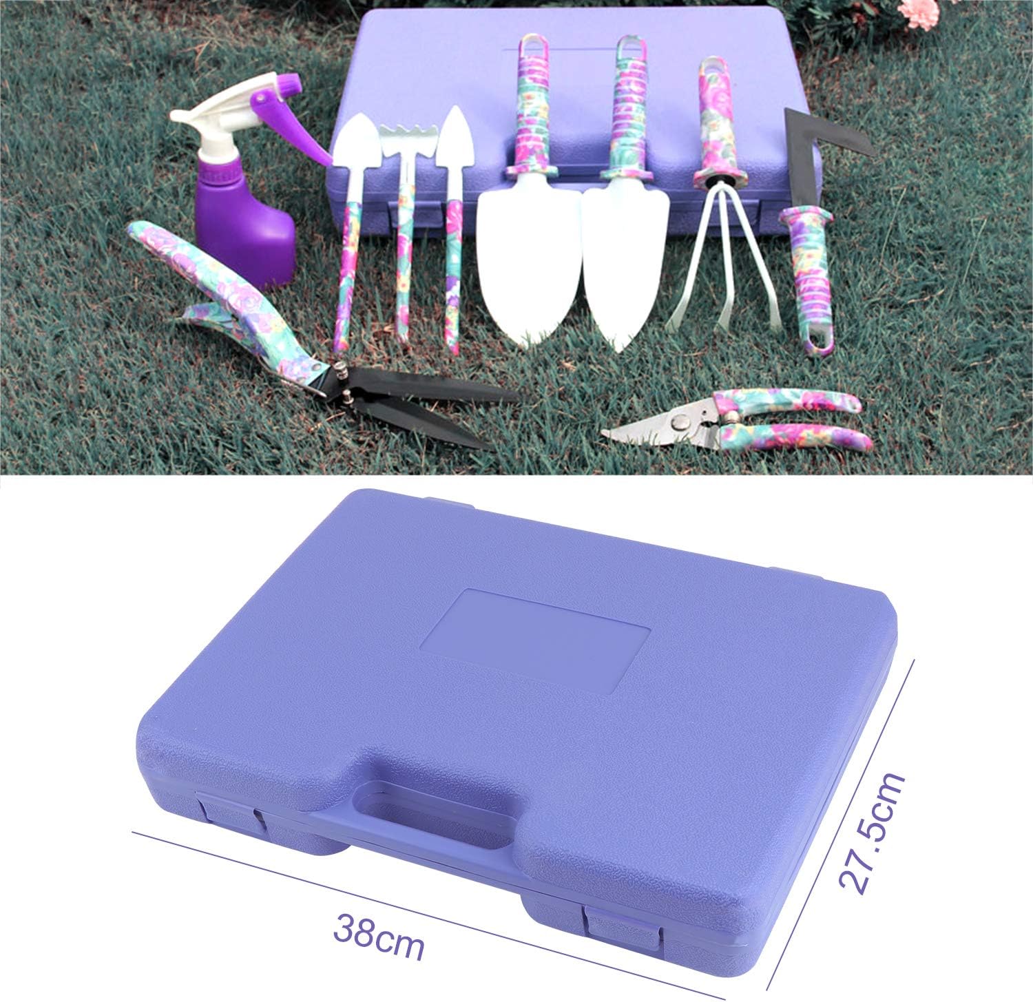 Gartenwerkzeug-Set, 10-teilig, Gartenhandwerkzeuge mit lila Blumendruck, ergonomischer Griff, Schaufel, Spaten, Rechen, Egge, Kelle, Gartenschere, Sprüher mit Tragetasche, Gartengeschenke
