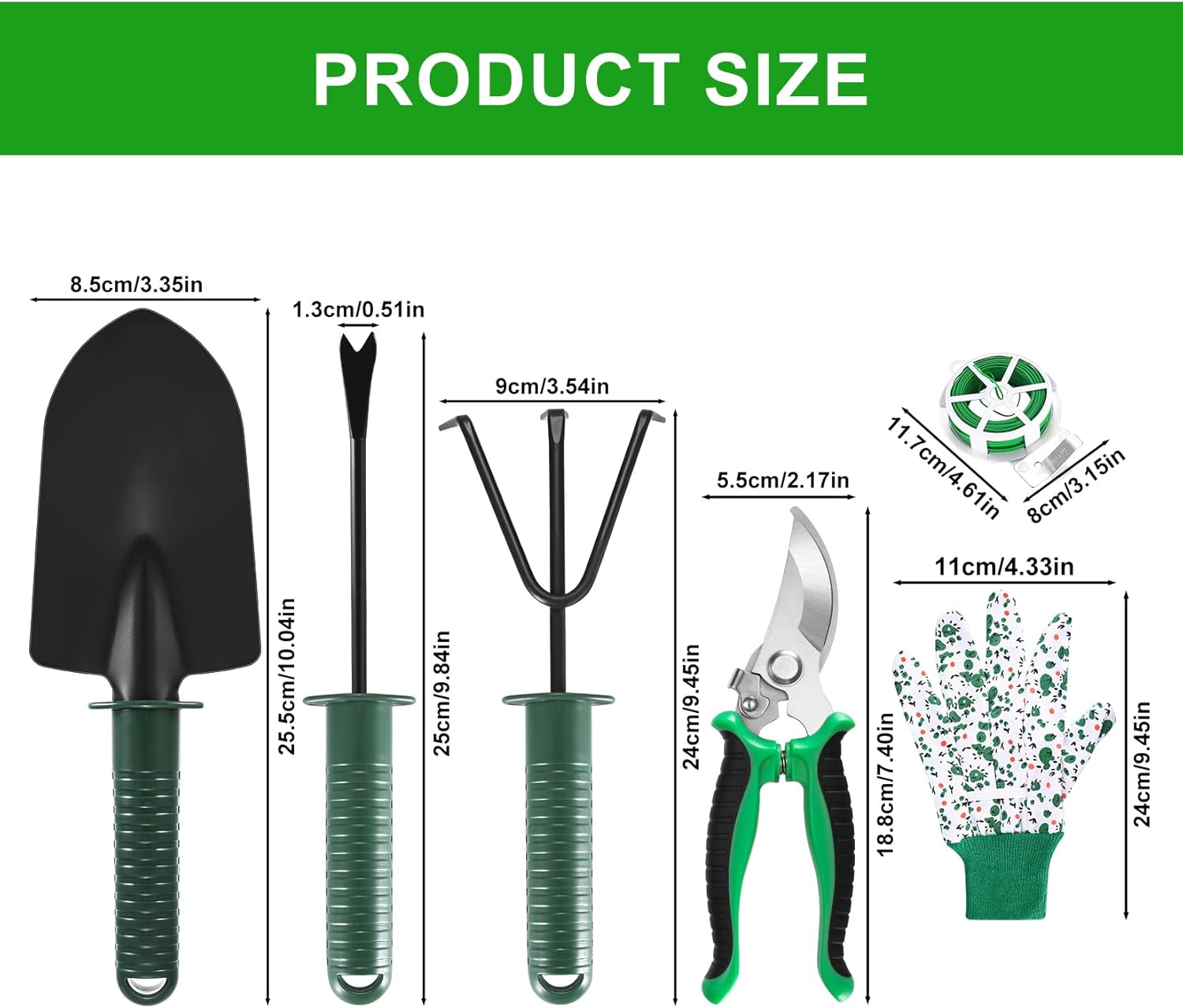 6-teiliges Gartenwerkzeug-Set, Gartenwerkzeug-Set aus Edelstahl, inklusive Handkelle, Umpflanz-Grubber, Gartenschere, Handschuhen und 30 m Garten-Twist-Kabelbinder