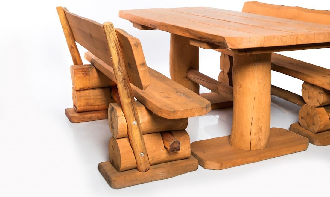 Massives rustikales Gartenmöbelset aus heimischer Kiefer, mit Holzschutzlasur behandelt, 200 cm.