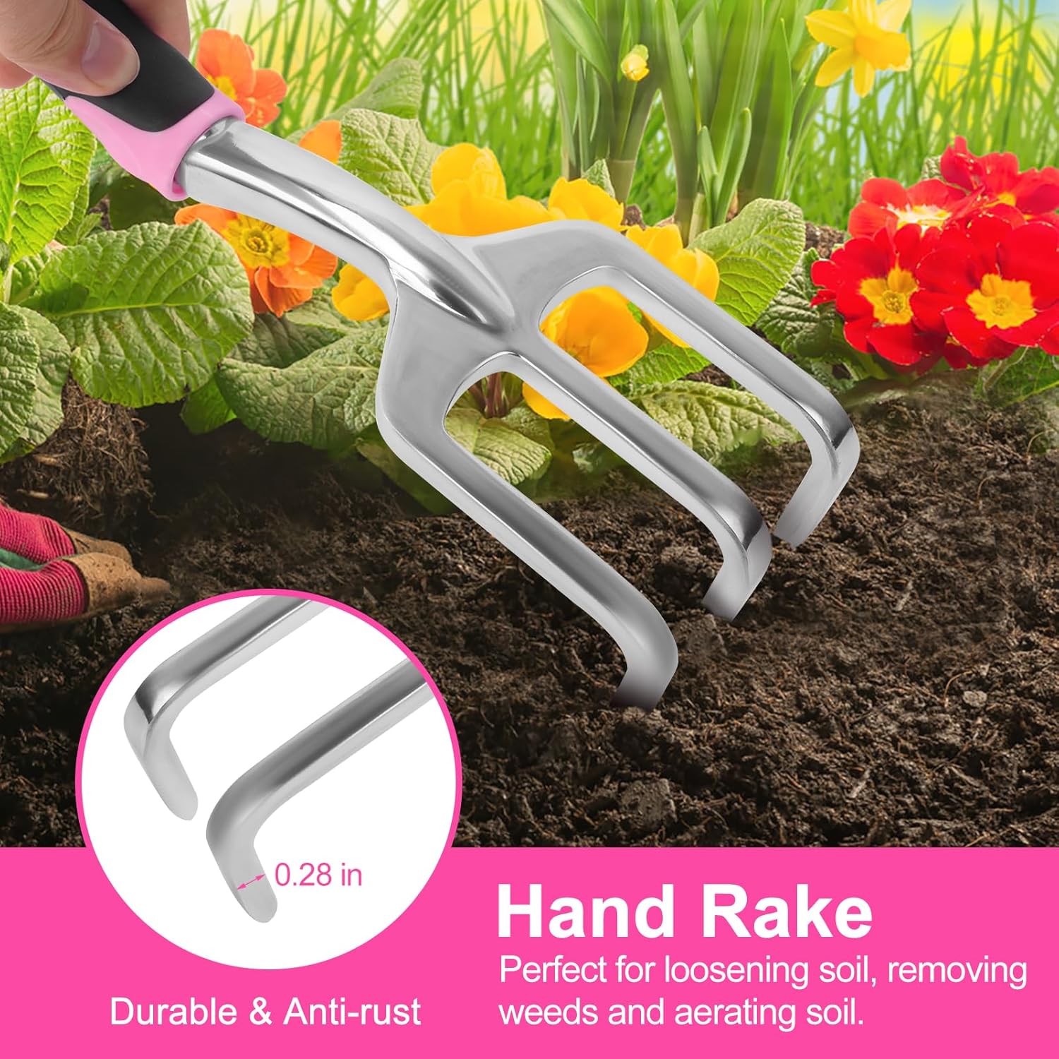 Pink Garden Tool Set, 3 Pack Aluminium Heavy Duty Gartenarbeit Kit enthält Hand Kelle, Transplant Kelle und Kultivator Hand Harke mit ergonomischen rutschfesten Gummigriff, Garten Geschenke