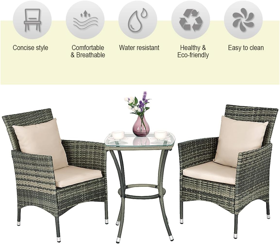 Rattanmöbel-Set, Gartenmöbel mit 2 Stühlen und 1 Rattantisch, Sitzgruppe mit Kissen und Glastischplatte für Terrasse, Garten, Balkon, Hellbraun