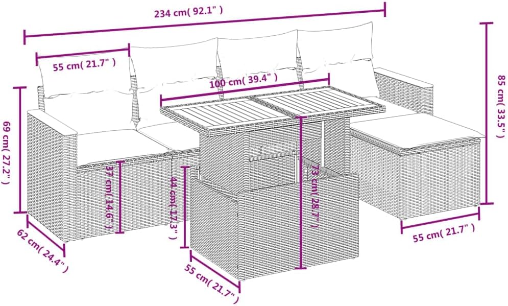 Garten-Lounge-Set, Gartenmöbel, wetterfestes Garten-Sofa-Set, Balkon-Lounge-Set mit verstellbarer Tischplatte, Schwarz und Creme, 6-teiliges Set
