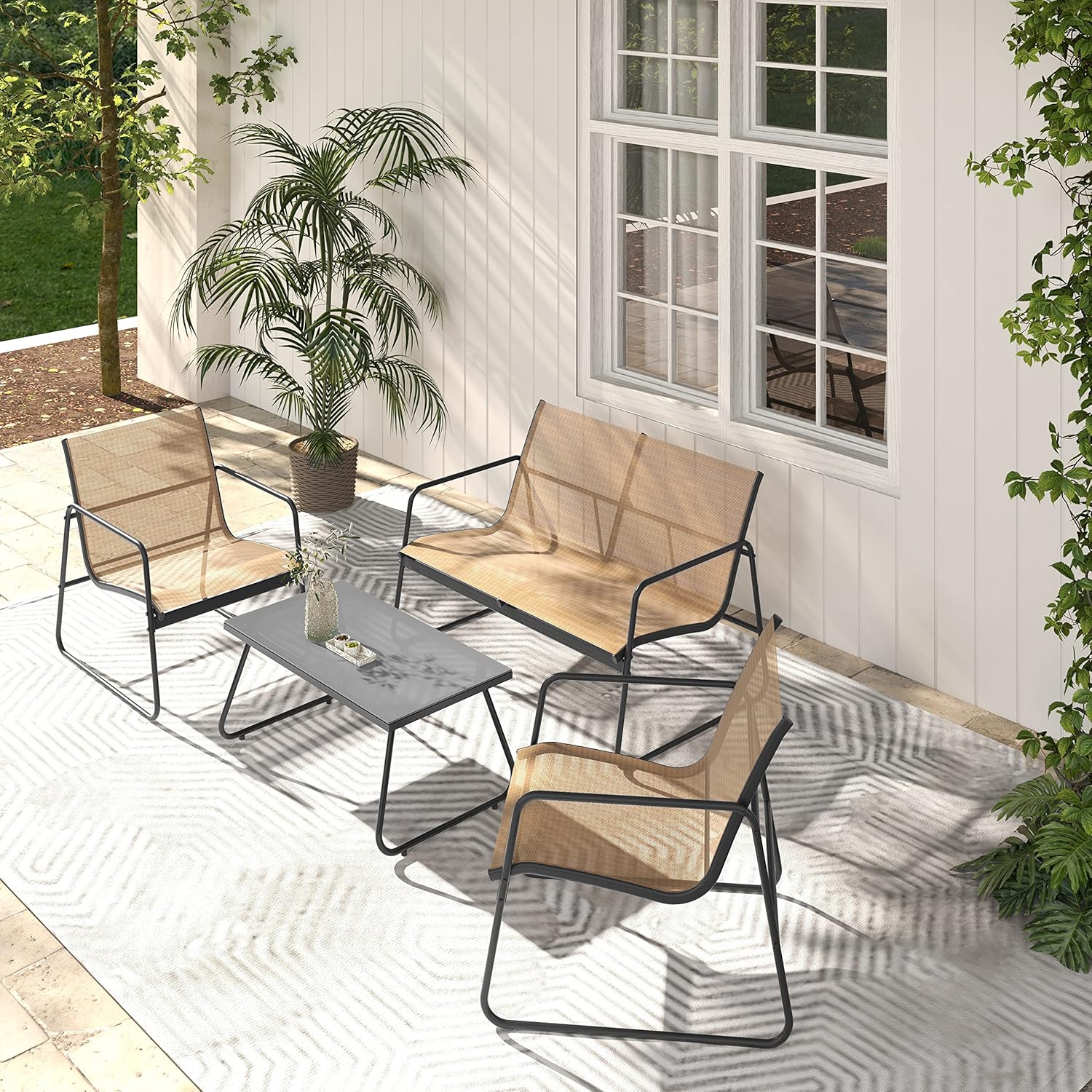 Gartenmöbel-Set 4-teiliges Textilene-Balkonmöbel-Set mit Tisch, Sofa und 2 Stühlen, Stahl, Sitzgarnitur für Garten, Balkon, Outdoor (Braun)
