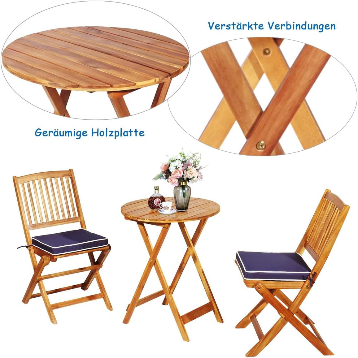 3-teiliges Terrassenmöbel-Set, Gartenmöbel-Set, klappbar mit rundem Tisch und 2 Stühlen, ergonomische Sitzgarnitur aus Akazienholz mit 2 Kissen, Bistro-Set für Balkon, Garten, Terrasse, Hinterhof