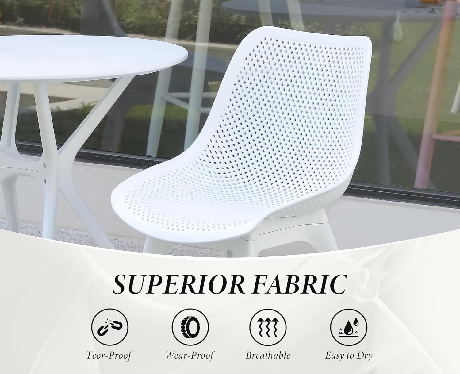 Gartenmöbel Set 2 Gartenstühle + Tisch, Outdoor Gartentisch Weiß Balkonmöbel Atmungsaktiv Leicht Tisch Kunststoff Gartenset Gartenset für Balkon Terrasse und Garten