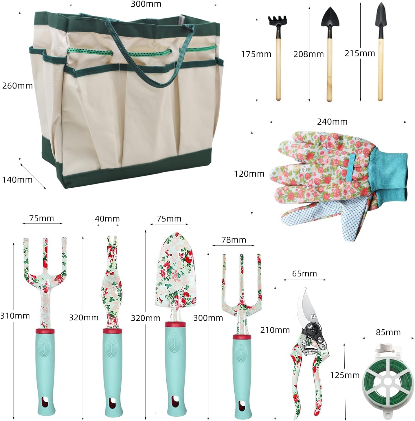 16-teiliges Blumengartenwerkzeug-Set, Gartenhandwerkzeug-Geschenkset, Gartengeschenke für Frauen und Männer, mit Gartenschere und Aufbewahrungstasche, Gartenzubehör Geschenk