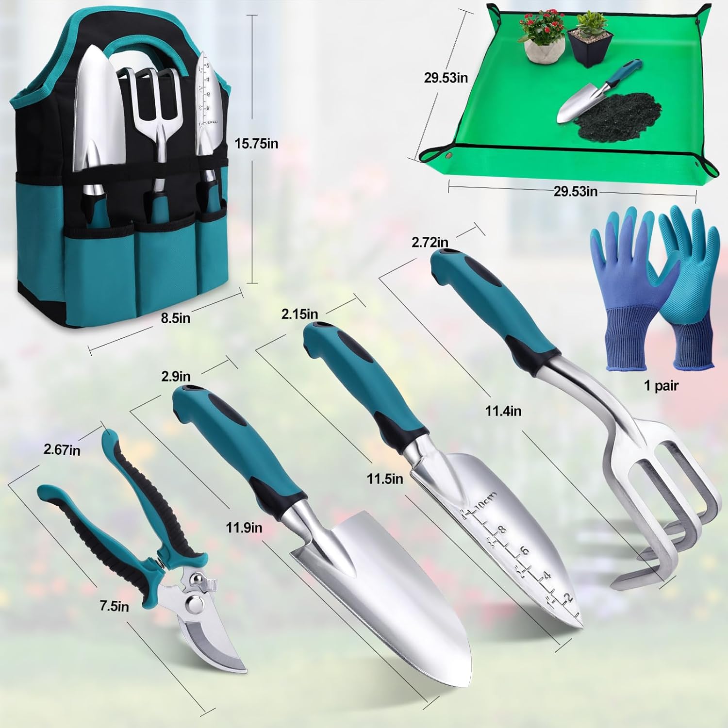Gartenwerkzeug-Set, 7-teilig, Gartenhandwerkzeuge, Gartenset mit robuster Aufbewahrungstasche, ergonomischer rutschfester Griff, ideale Gartengeschenke für Frauen und Männer