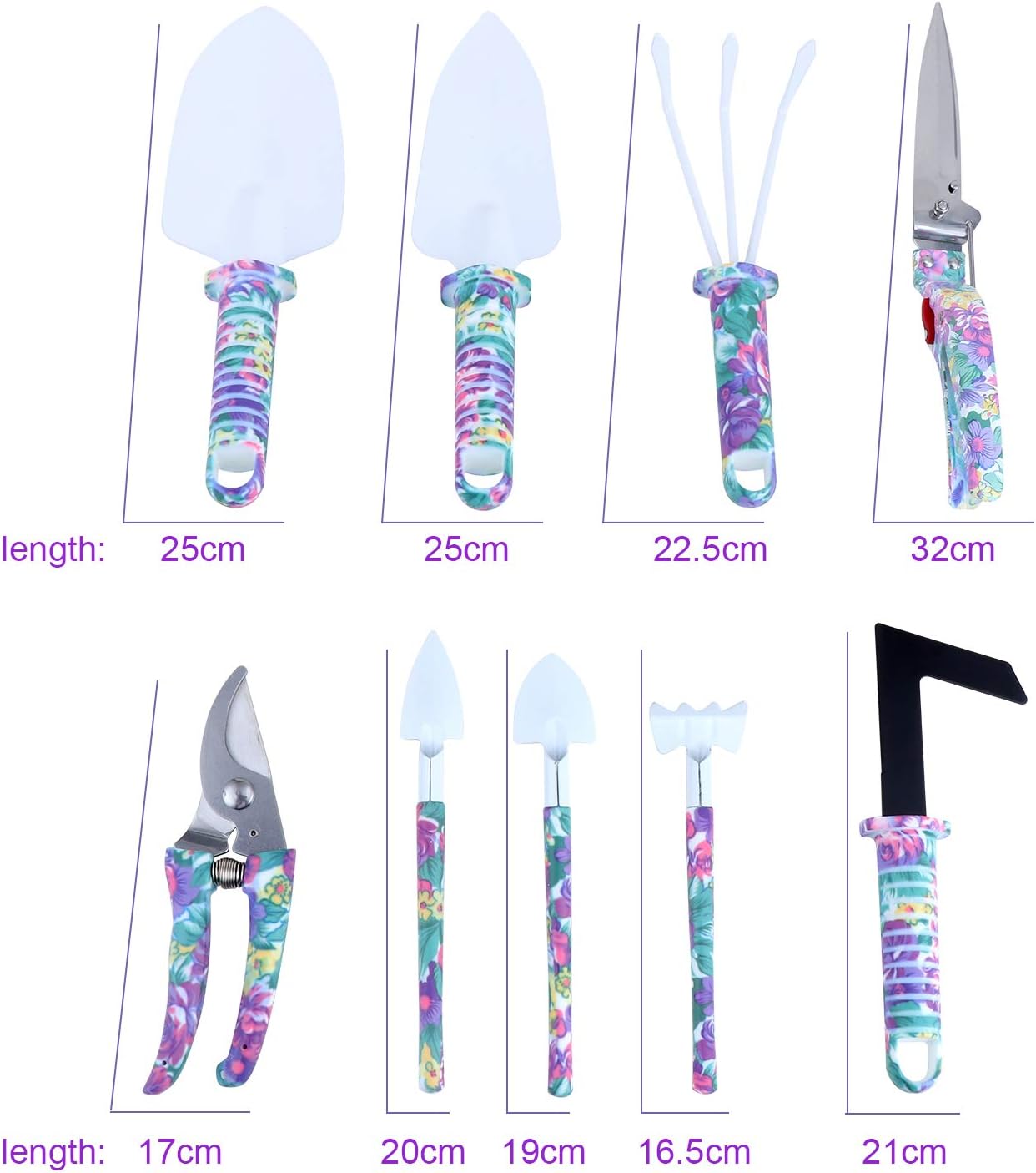 Gartenwerkzeug-Set, 10-teilig, Gartenhandwerkzeuge mit lila Blumendruck, ergonomischer Griff, Schaufel, Spaten, Rechen, Egge, Kelle, Gartenschere, Sprüher mit Tragetasche, Gartengeschenke