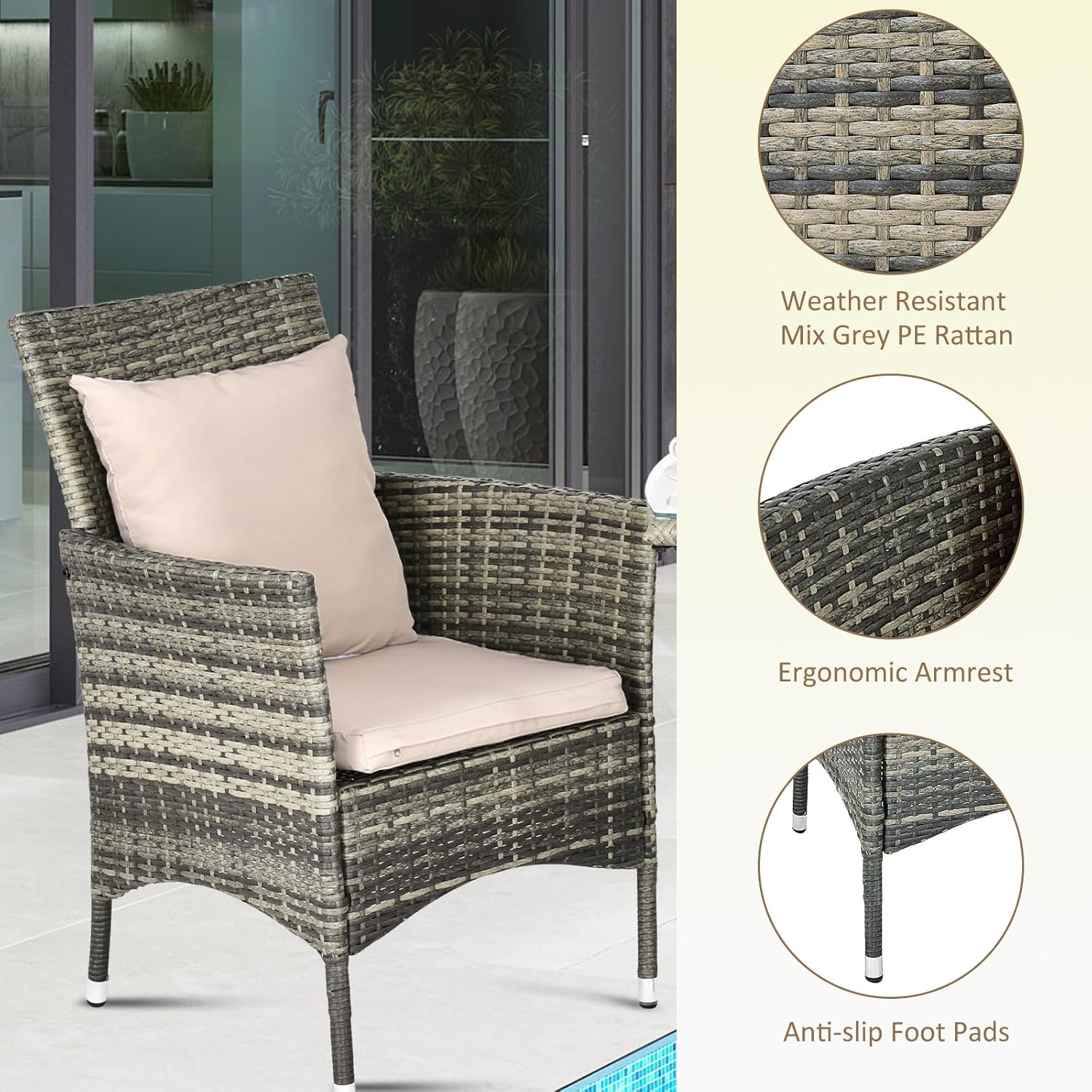 Rattanmöbel-Set, Gartenmöbel mit 2 Stühlen und 1 Rattantisch, Sitzgruppe mit Kissen und Glastischplatte für Terrasse, Garten, Balkon, Hellbraun