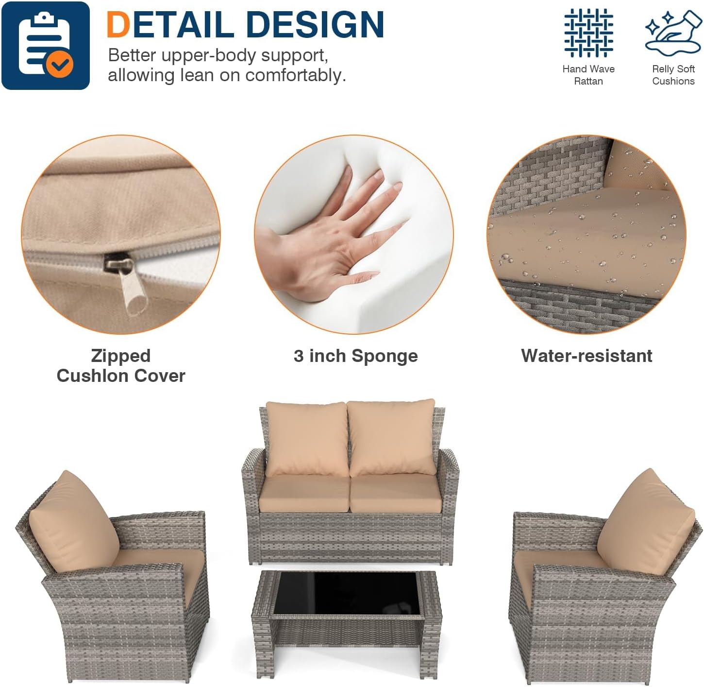 Gartenmöbel Set 4-teilig Rattan Sitz mit Kissen, Terrassenmöbel, Sitzgruppe, 2 Stühle, Sofa & Tisch, für Garten, Balkon & Terrasse, flache Rattanoptik, Beige