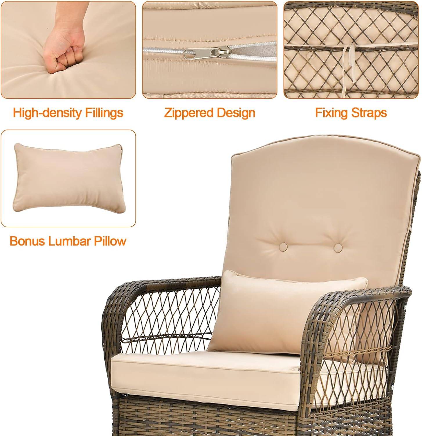 Möbel Schaukelstuhl Set 3-teilig Rattan Gartenmöbel Set 2 Schaukelstühle mit Tisch Terrassenmöbel Set Outdoor Inklusive Kissen Balkonmöbel Kleiner Balkon für 2 Personen