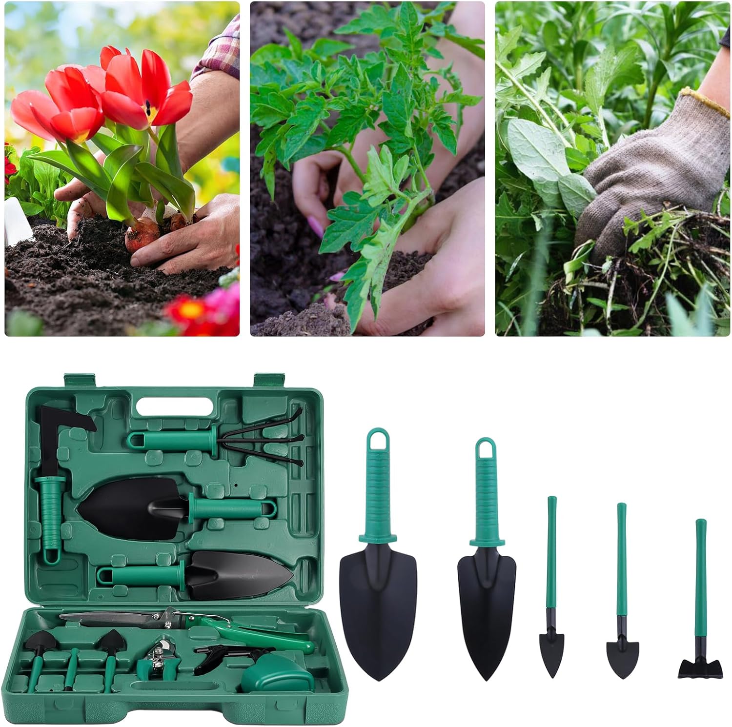 11-teiliges Gartenwerkzeug-Set, Gartenhandschuhe mit Krallen, Gartengeräte mit Tragetasche, Geschenke für Gartenliebhaber