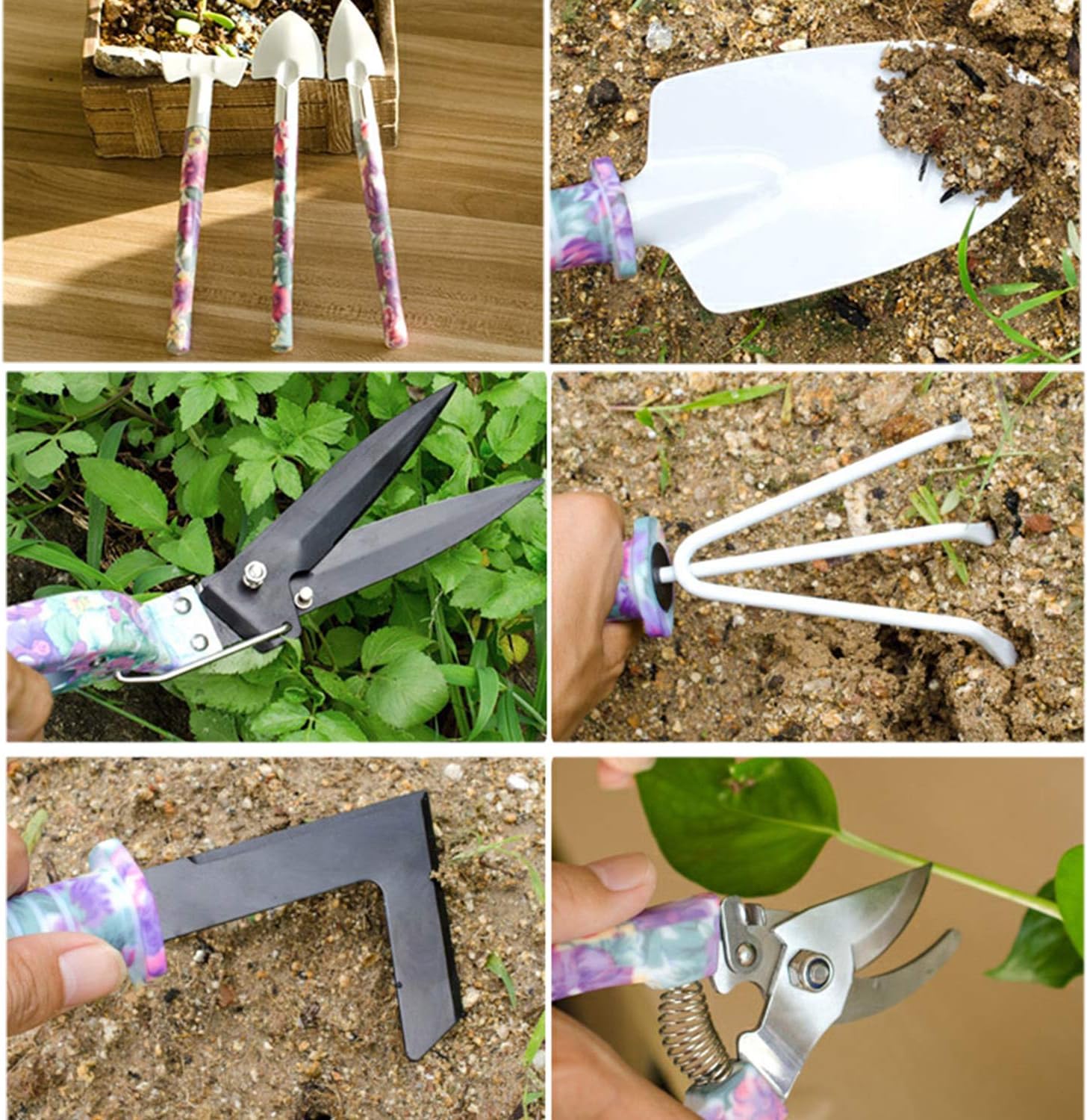 Gartenwerkzeug-Set, 10-teilig, Gartenhandwerkzeuge mit lila Blumendruck, ergonomischer Griff, Schaufel, Spaten, Rechen, Egge, Kelle, Gartenschere, Sprüher mit Tragetasche, Gartengeschenke