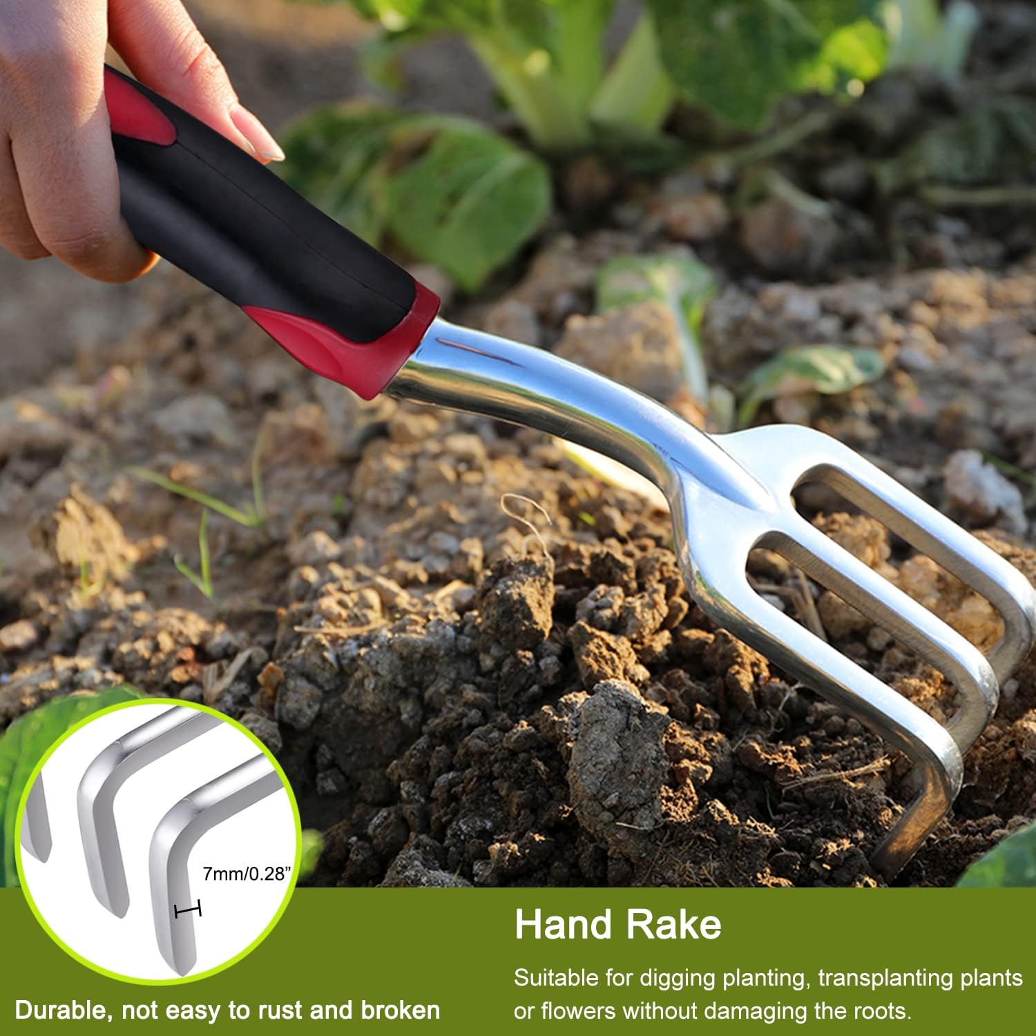 3-teiliges Gartenwerkzeug-Set, Gartenwerkzeug-Set aus Edelstahl, Handkelle, Pflanzenkelle, Rechen (rot)