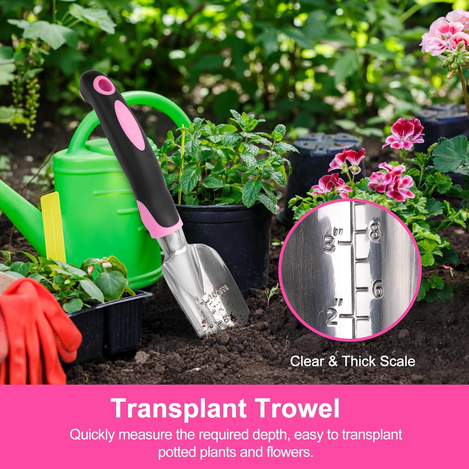 Pink Garden Tool Set, 3 Pack Aluminium Heavy Duty Gartenarbeit Kit enthält Hand Kelle, Transplant Kelle und Kultivator Hand Harke mit ergonomischen rutschfesten Gummigriff, Garten Geschenke