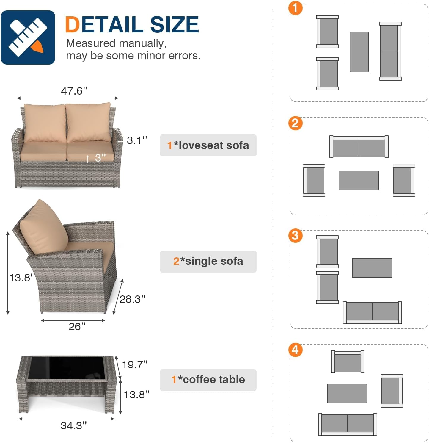 Gartenmöbel Set 4-teilig Rattan Sitz mit Kissen, Terrassenmöbel, Sitzgruppe, 2 Stühle, Sofa & Tisch, für Garten, Balkon & Terrasse, flache Rattanoptik, Beige