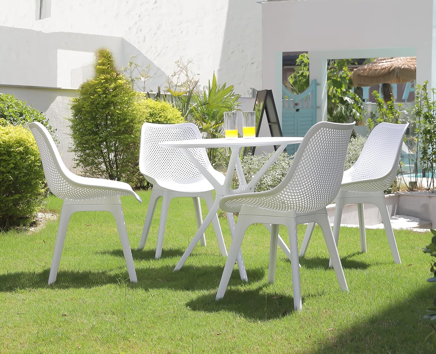 Gartenmöbel Set 2 Gartenstühle + Tisch, Outdoor Gartentisch Weiß Balkonmöbel Atmungsaktiv Leicht Tisch Kunststoff Gartenset Gartenset für Balkon Terrasse und Garten