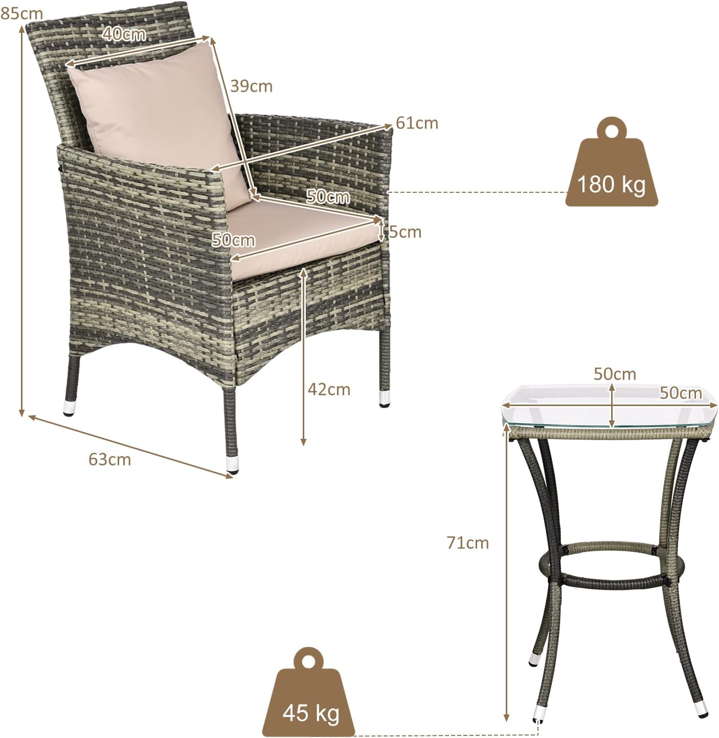 Rattanmöbel-Set, Gartenmöbel mit 2 Stühlen und 1 Rattantisch, Sitzgruppe mit Kissen und Glastischplatte für Terrasse, Garten, Balkon, Hellbraun