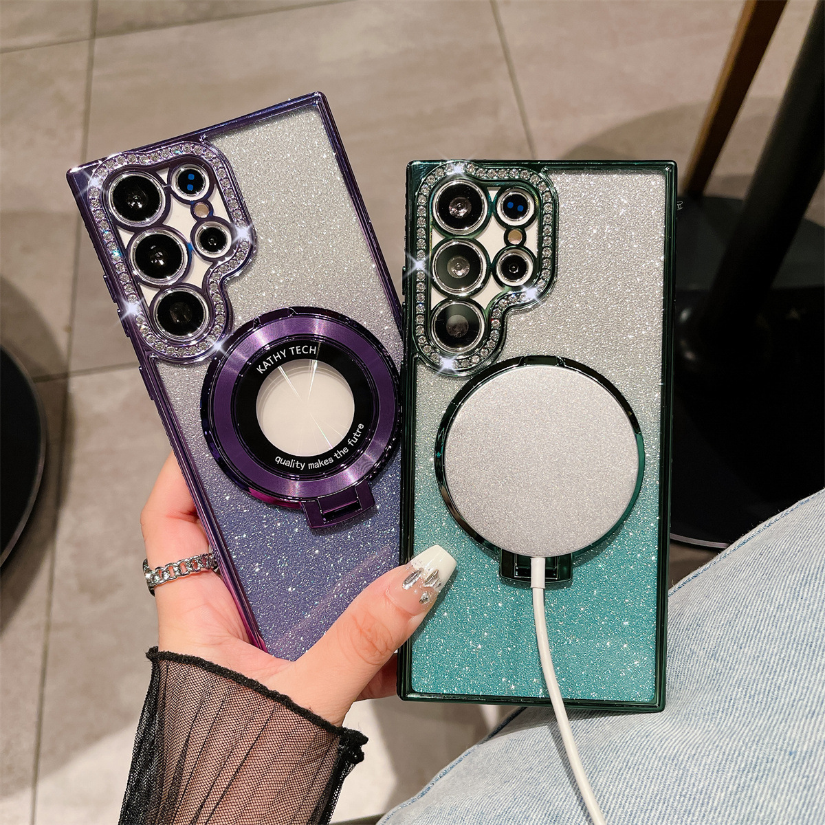 Etui na telefon komórkowy Samsung z galwanizowanym uchwytem magnetycznym z kryształkami górskimi