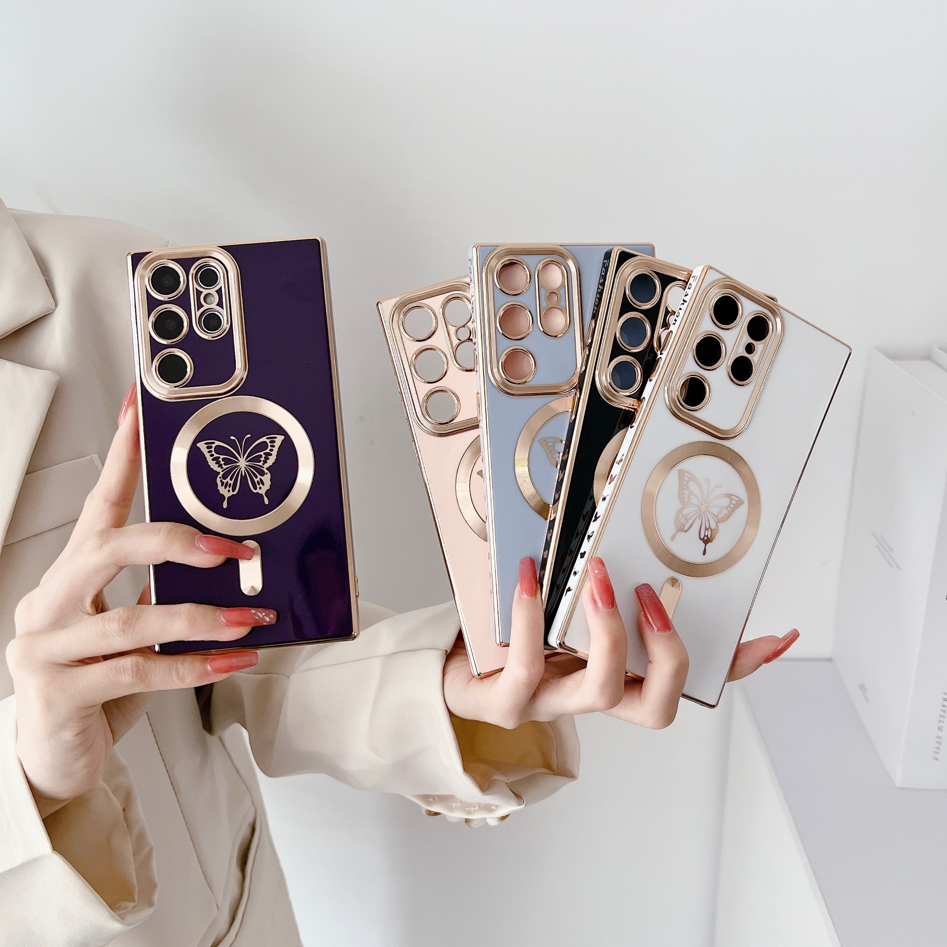 Capa de telefone magnética com chapeamento de borboleta elegante para Samsung Galaxy S23 S22 S21