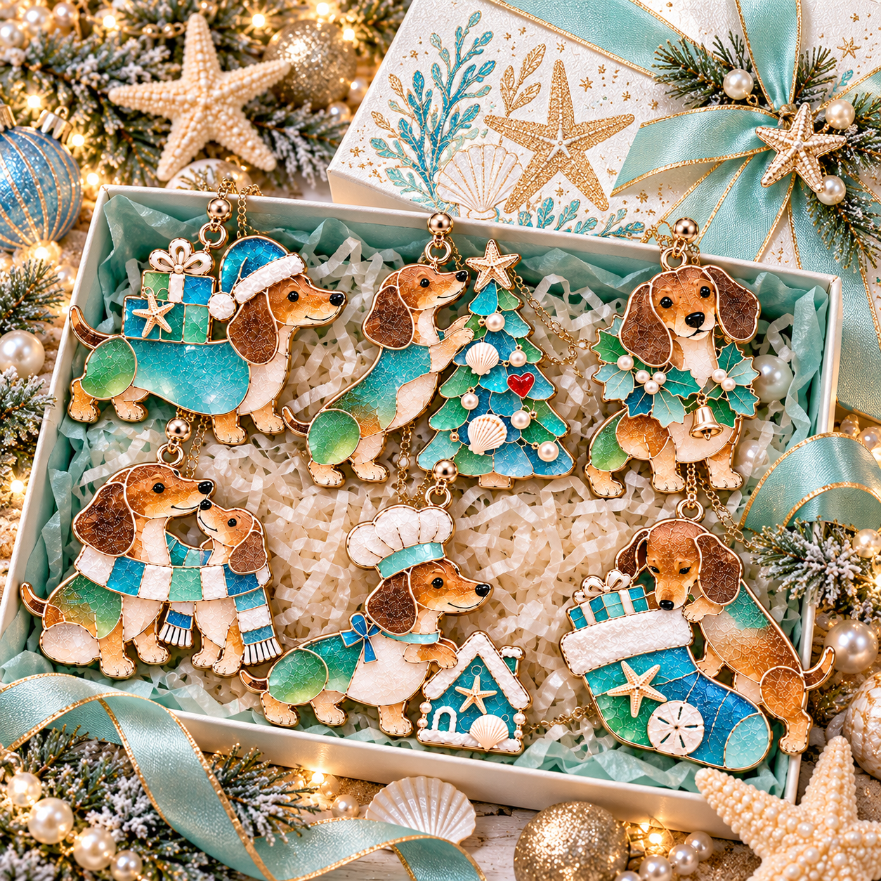 Coastal Christmas Dachshund Ornament Set 