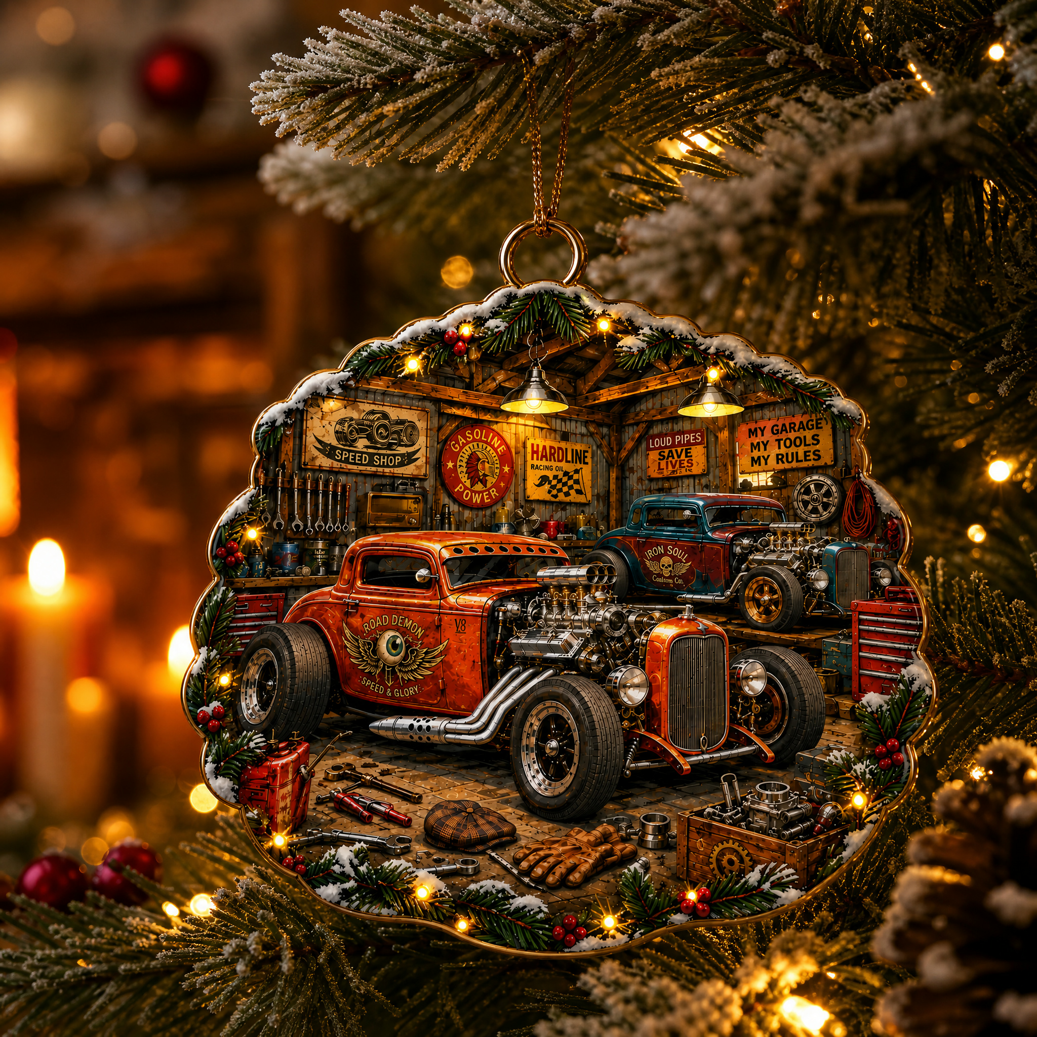Vintage Hot Rod Garage Christmas Acrylic Ornament, Gearhead Tree Decor Gift