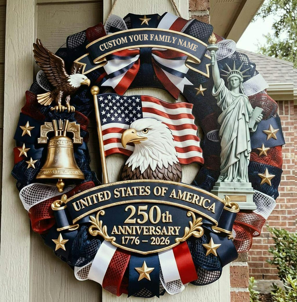 Personalized 250th Anniversary Patriotic Wreath – American Eagle Front Door Decor