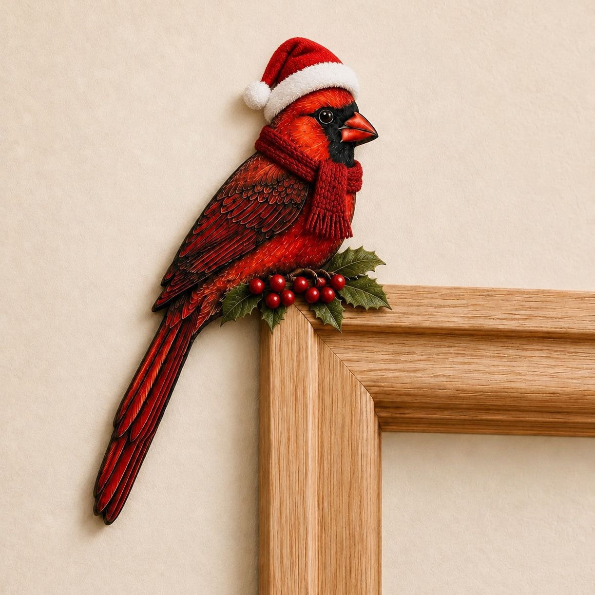 Christmas Bird Wooden Door Topper – Santa Hat & Scarf Bird Corner Decor