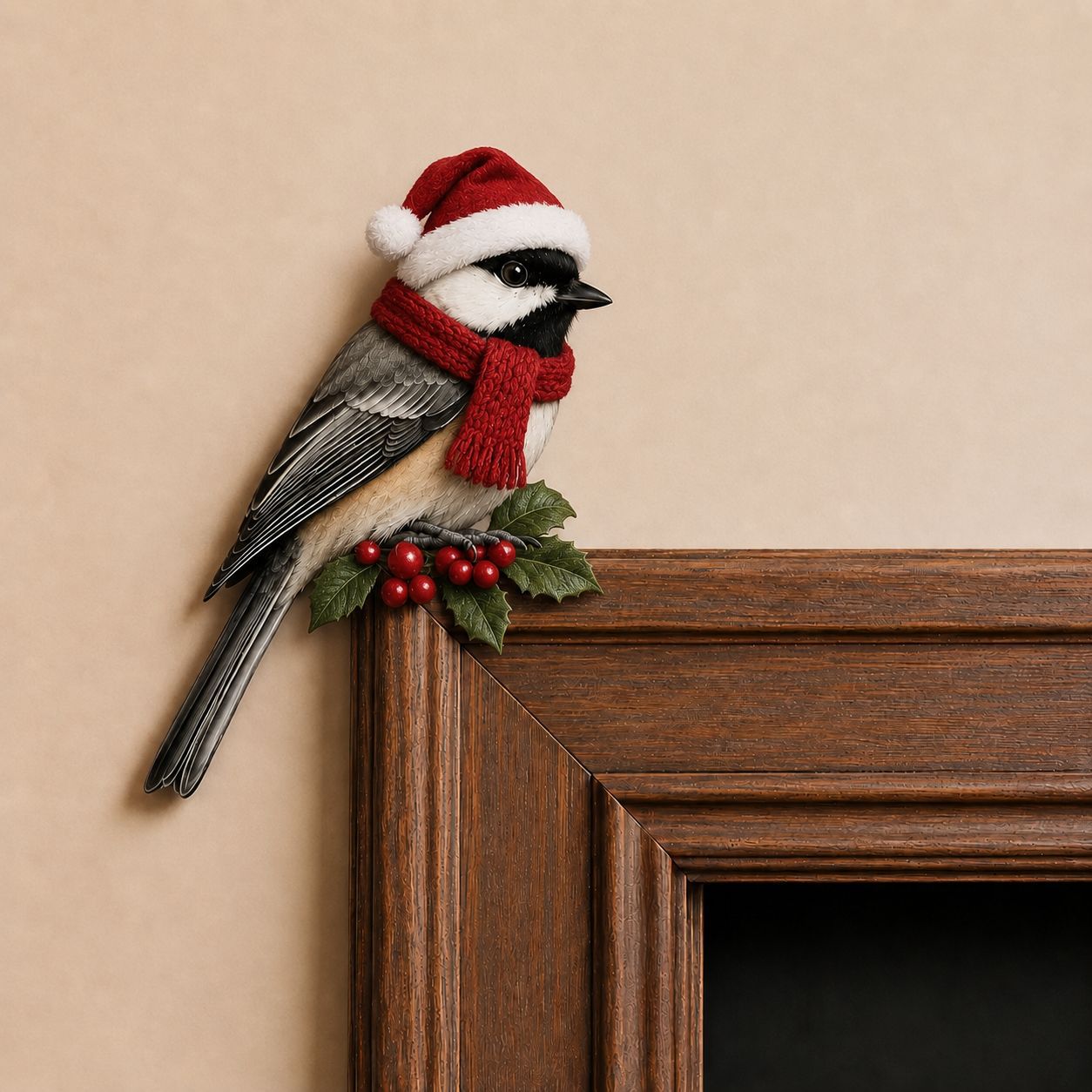 Christmas Bird Wooden Door Topper – Santa Hat & Scarf Bird Corner Decor