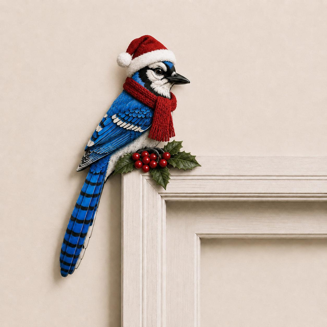Christmas Bird Wooden Door Topper – Santa Hat & Scarf Bird Corner Decor