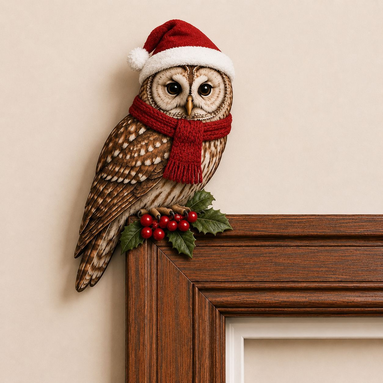 Christmas Bird Wooden Door Topper – Santa Hat & Scarf Bird Corner Decor