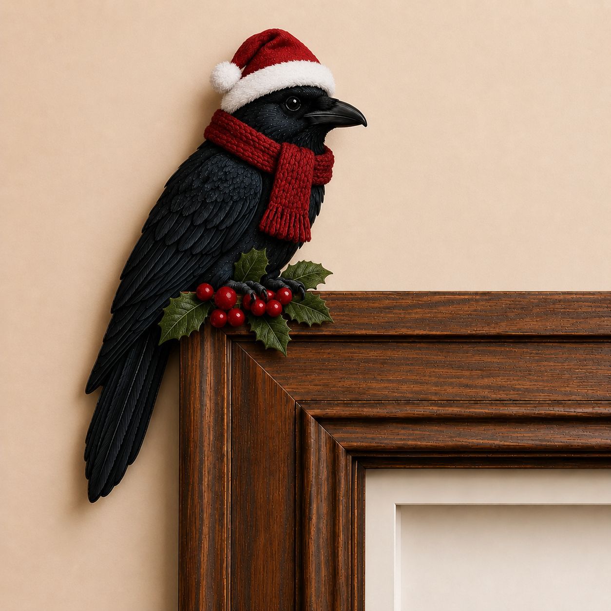 Christmas Bird Wooden Door Topper – Santa Hat & Scarf Bird Corner Decor