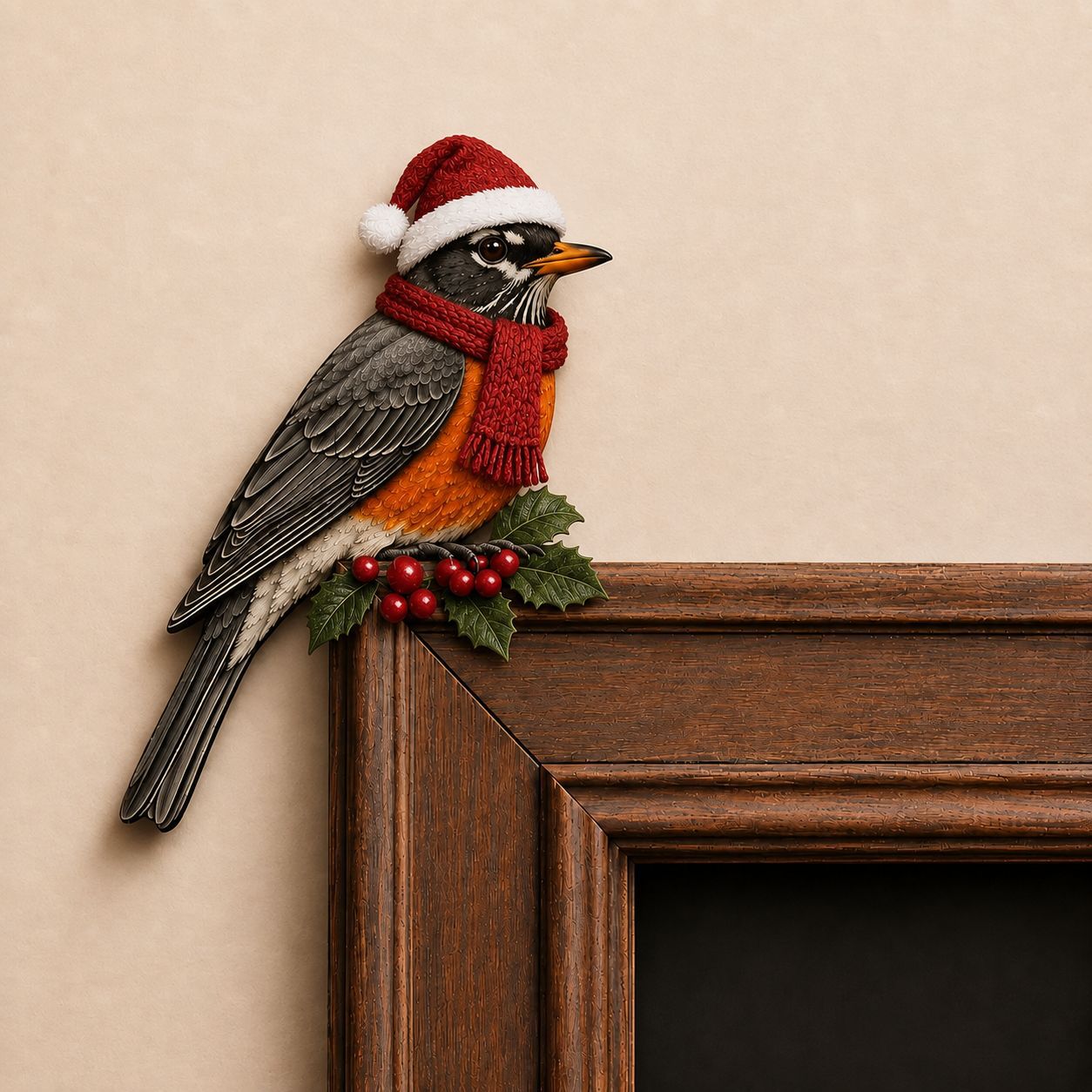 Christmas Bird Wooden Door Topper – Santa Hat & Scarf Bird Corner Decor