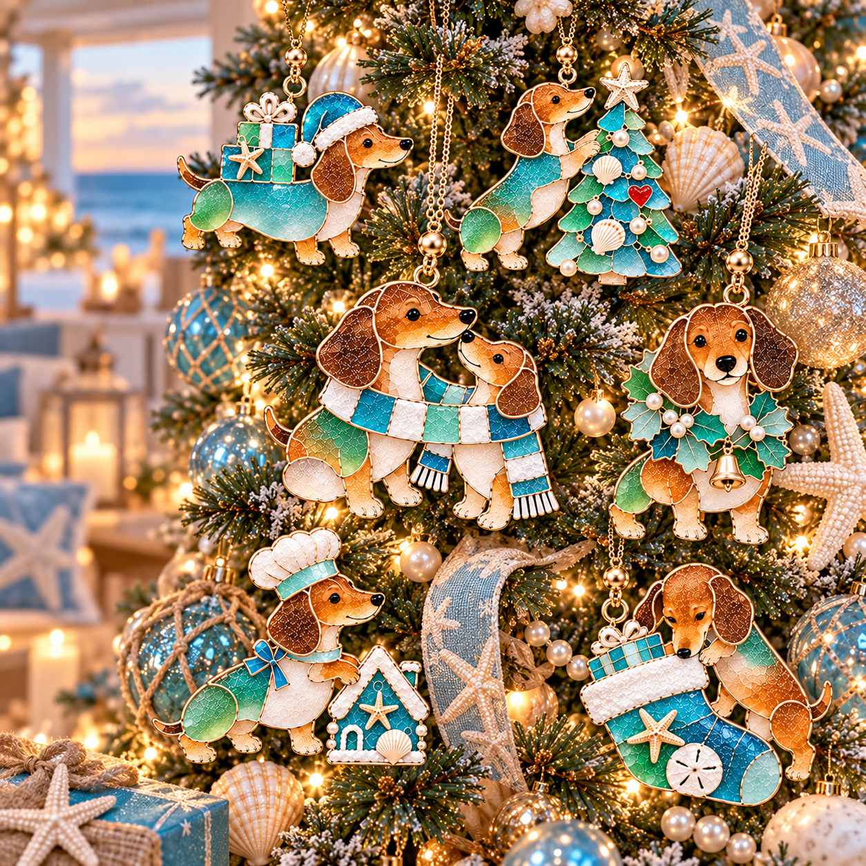 Coastal Christmas Dachshund Ornament Set 