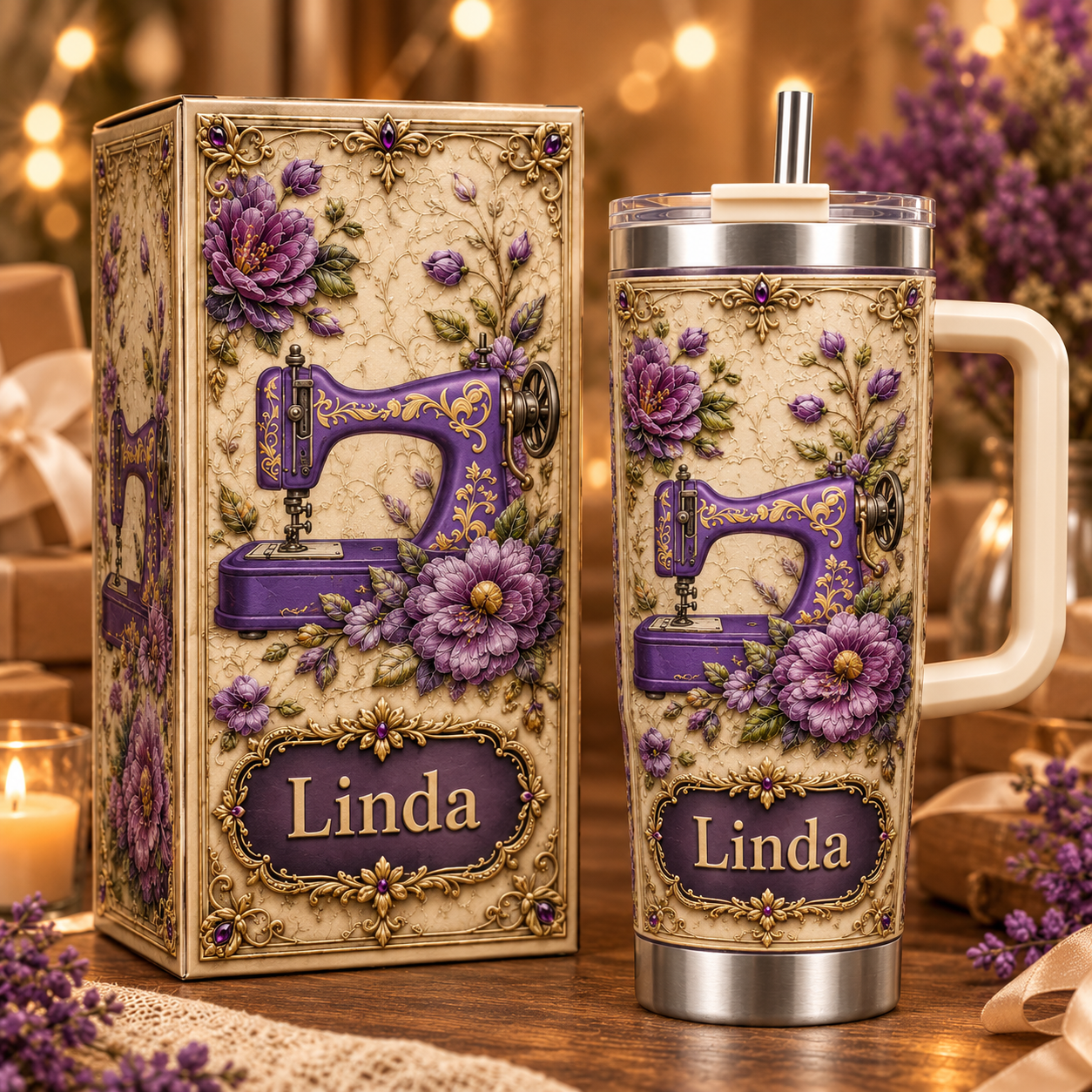 Personalized Vintage Sewing Machine Floral 40oz Tumbler With Handle