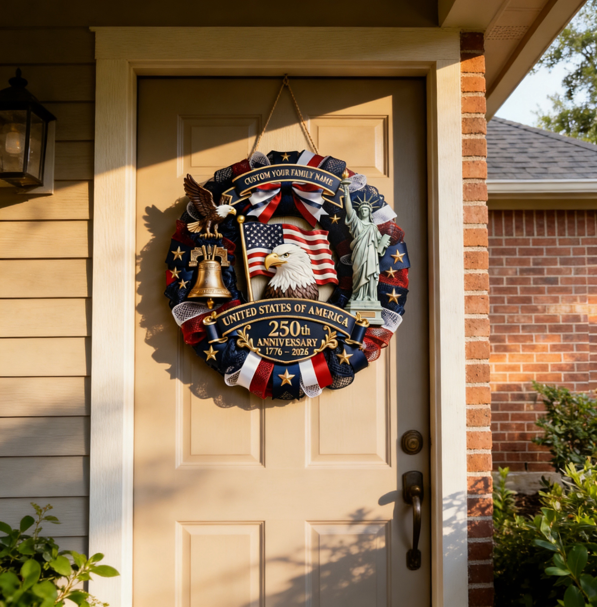 Personalized 250th Anniversary Patriotic Wreath – American Eagle Front Door Decor