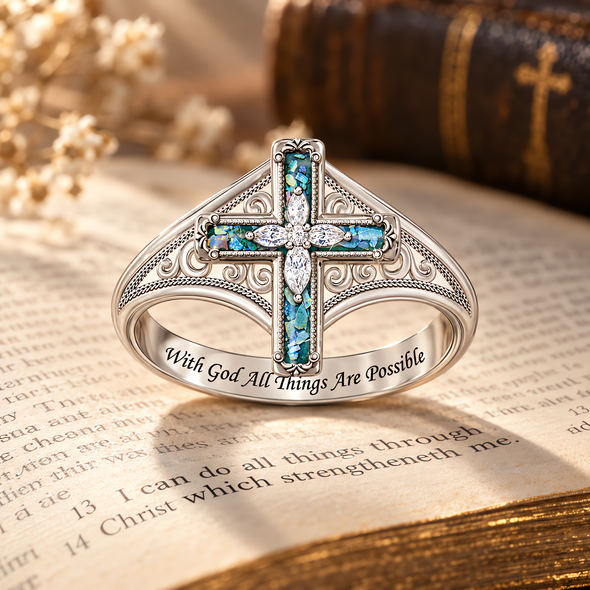 Opal Cross Ring | With God All Things Are Possible Christian Faith Ring