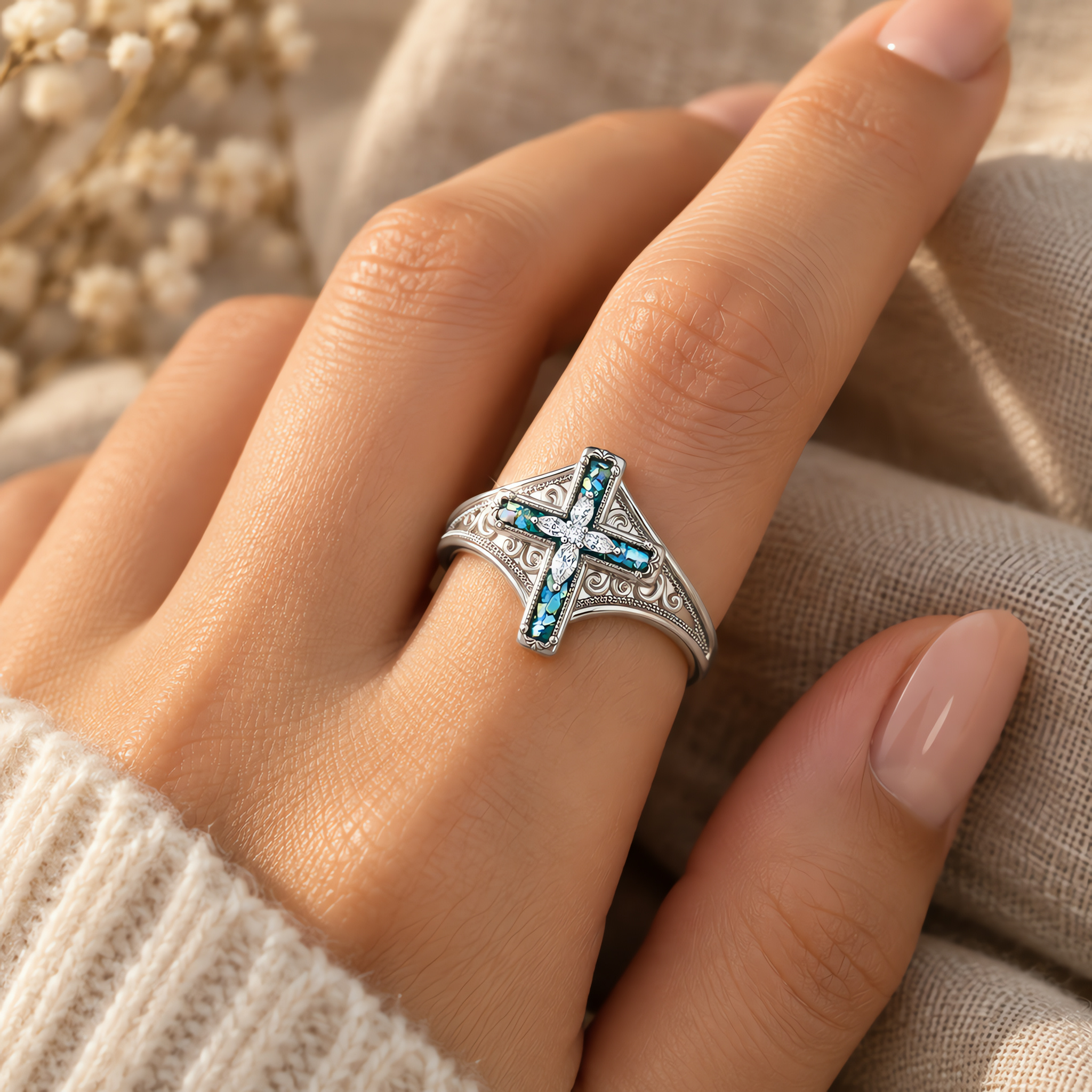 Opal Cross Ring | With God All Things Are Possible Christian Faith Ring