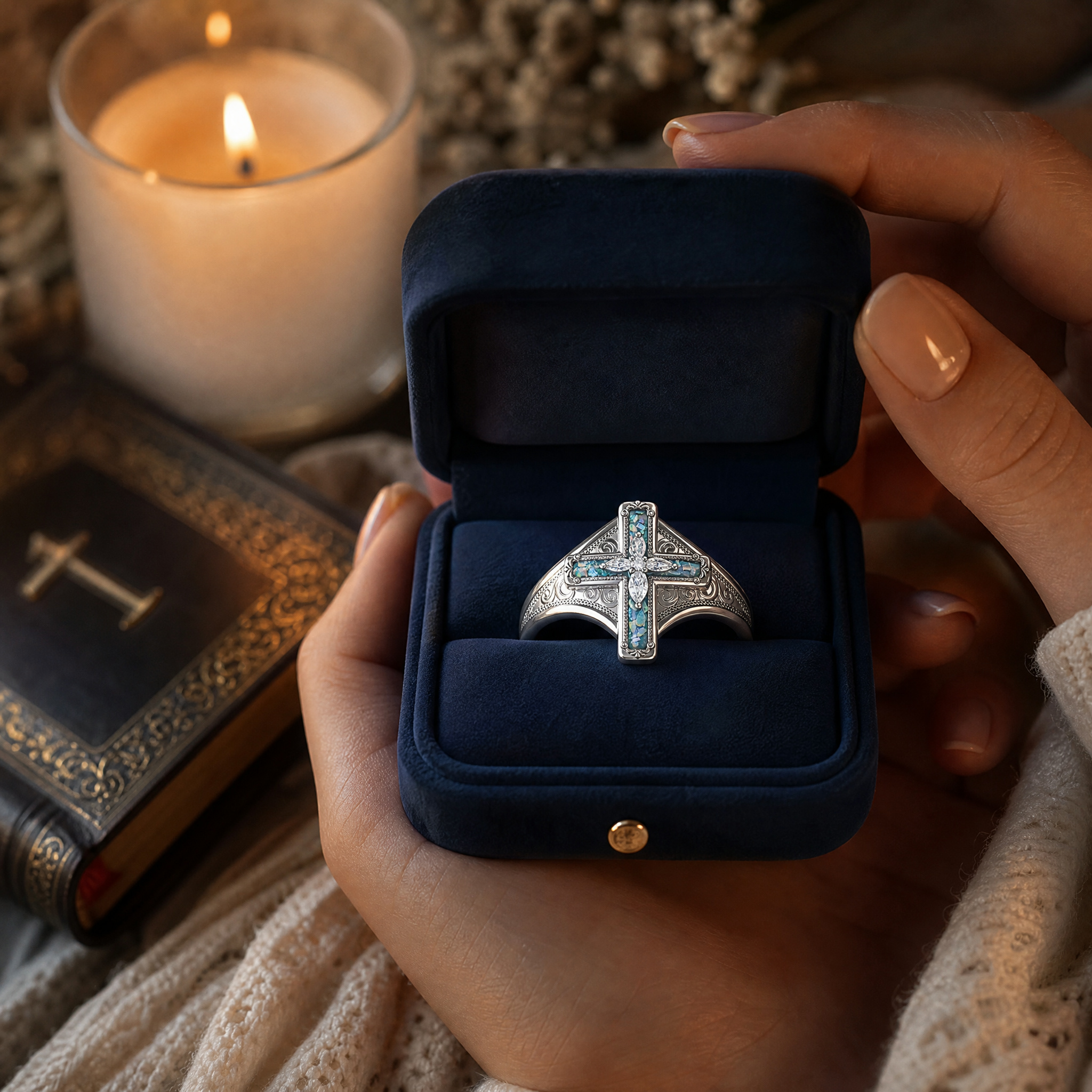 Opal Cross Ring | With God All Things Are Possible Christian Faith Ring
