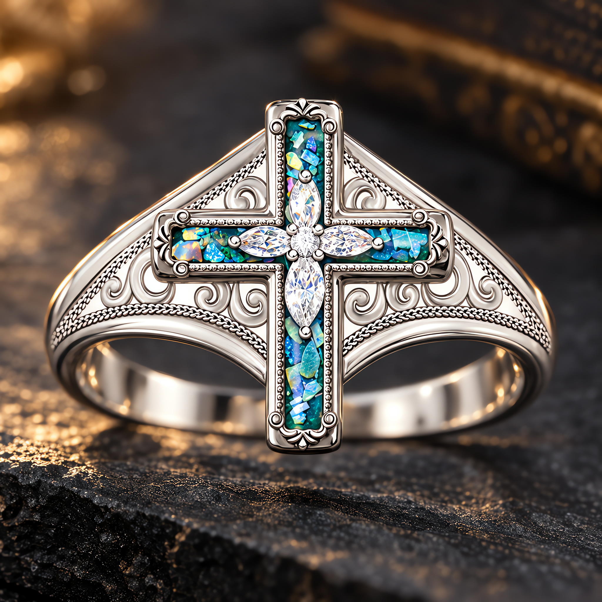 Opal Cross Ring | With God All Things Are Possible Christian Faith Ring
