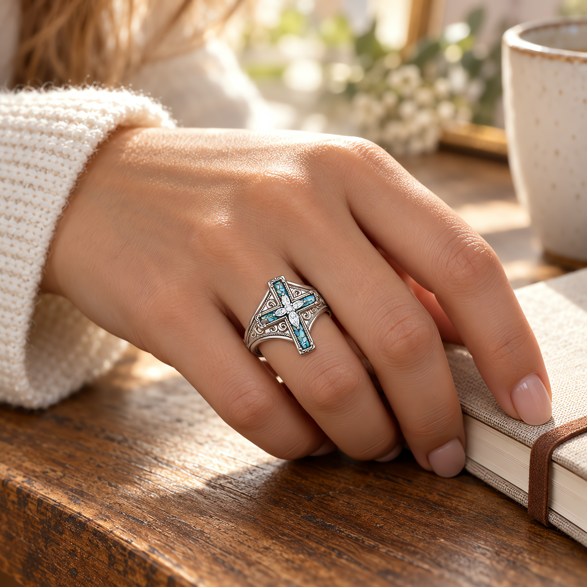 Opal Cross Ring | With God All Things Are Possible Christian Faith Ring