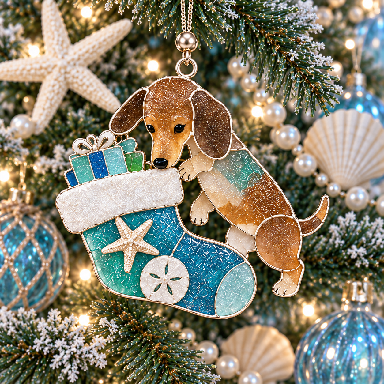 Coastal Christmas Dachshund Ornament Set 