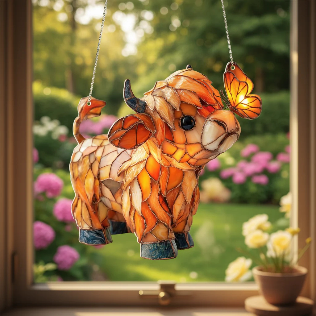 Highland Cow Butterfly Suncatcher | Stained Glass Style Window Hanging